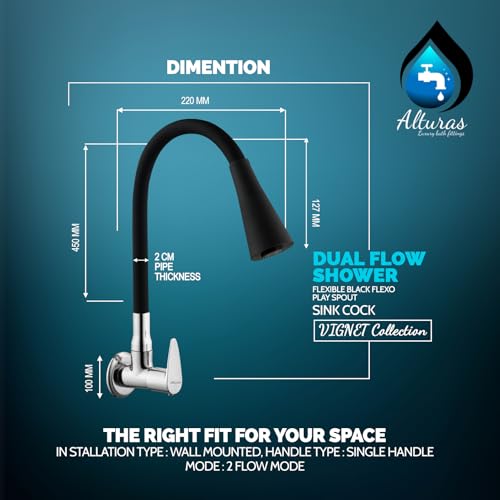 Image of ALTURAS Dual Flow Black Kitchen Sink Cock with 360 Degree Swivel Spout | Kitchen Sink Tap | Kitchen Faucet | Tap for Kitchen