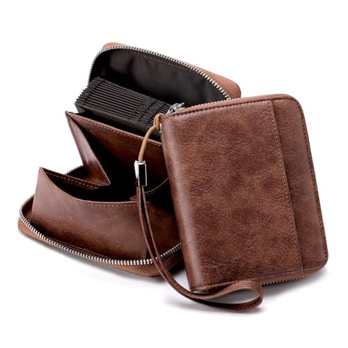 SENDEFN Geldbeutel Damen Leder RFID-Schutz Kreditkartenetui, Portemonnaie mit Reißverschluss, Orgel-Stil Geldbörse Damen, Visitenkartenetui mit vielen Fächern