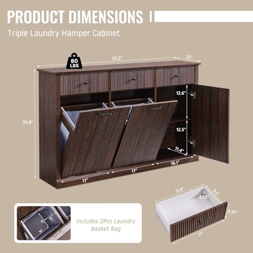 Image of IFBUY Triple Tilt Out Laundry Hamper Cabinet, Trash Can Cabinet, Brown