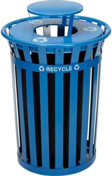 Global Industrial B3178688 Outdoor Steel Slat Recycling Trash Can - Rain Bonnet Lid - 36 gal - Blue