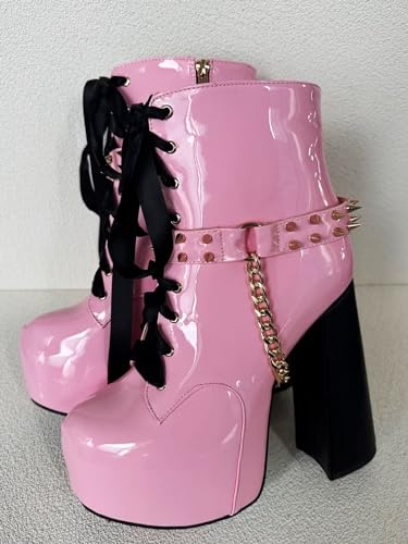 Frankie Hsu Ladies Sexy Chunky Platform Ankle High Heeled Bootie, Cute Lovely Pink Patent Gold Chain Rivets Lollita Goth Boot, Big Large Size US5-19 Shoes For Women Men4