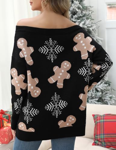 Image of VIMPUNEC Womens Christmas Off The Shoulder Sweater Oversized Pullover Sweaters Cable Knit Chunky Tops Christmas Black M