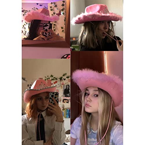 BTSEURY Chapéu de caubói rosa chapéu de caubói de feltro com cordão de pescoço cosplay acessórios de