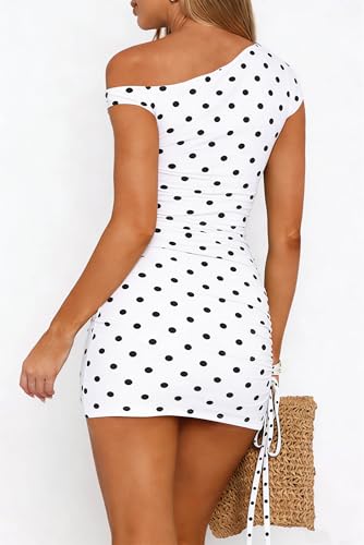 Image of ABMOIU Women's Off Shoulder Print Ruched Bodycon Mini Dress for Party Club | Asymmetric one-shoulder neckline with side drawstring, soft stretch fabric for date night, birthday, concert