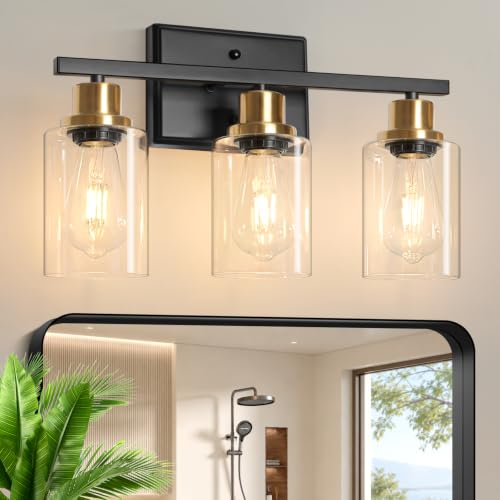 Image of Ascher Bathroom Vanity Light Fixtures, 3 Light Wall Sconces Lighting with Clear Glass Shade, Black and Gold Wall Lights for Mirror, Kitchen, Living Room, Hallway, E26 Base (Bulbs Not Included)