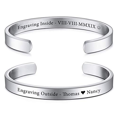 VIBOOS Personalisierte Armband Gravur Name Datum Identifizierung Armreif für Frauen Männer Benutzerdefinierte Edelstahl Verstellbare Inspirierende Manschette Geburtstag Schmuck Cover