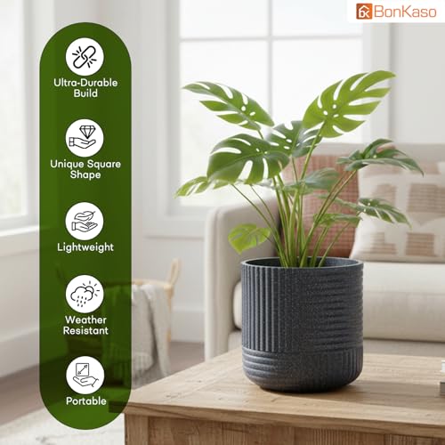 Image of Bonkaso 15 Inch Ribbed Planter Pot for Indoor & Outdoor Use | Round Heavy Duty Polymer Flower Pot | Lightweight Weather Resistant Modern Gamla for Living Room Balcony & Terrace (Dark Grey)