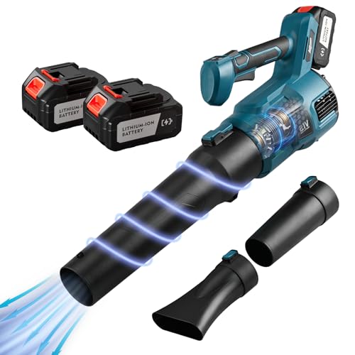 Soplador Inalámbrico 20V con 2 Baterías 4000mAh, 2000 RPM para Hojas y Nieve, 3 Tipos de Boquillas, Azul