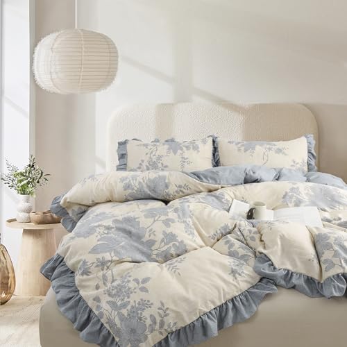 Oli Anderson 3 Piece Floral Comforter Set Vintage Botanical Print Bedding Set Farmhouse Lightweight Cottagecore Bed in a Bag with Ruffle Flowers Comforter (Blue Queen)