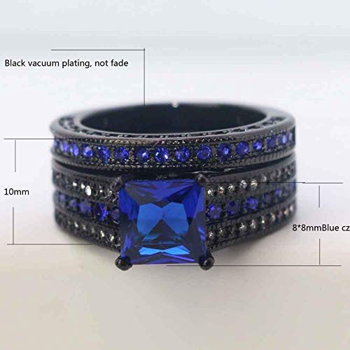 Bridal Sets Luxury Black Gold Plated Womens Wedding Ring Sets Princess cut 8mm Blue Cz Engagement Ring Sets2