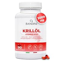 Bandini® Krillöl 3000 mg, reine Antarktis, 465 mg EPA und DHA, 1200 mg marine Phospholipide, Quelle von Astaxanthin und Omega 3 | Krillöl 100% natürlich, kein Nachgeschmack | 90 Weichkapseln