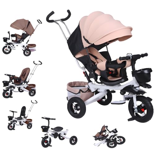 Kids Tricycle,5-in-1 Tricycle Stroller for Toddlers 18 Months to 5 Years,Adjustable Push Handle, Rotatable Seat, Retractable Canopy,Detachable Guardrail,Folding Baby Trike,Khaki