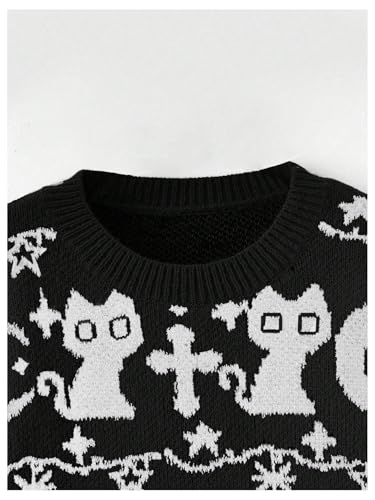 Image of WDIRARA Women's Goth Cartoon Pattern Sweater Long Sleeve Crewneck Knit Pullover Top