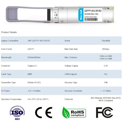 Image of 40GBASE-SR Bi-Directional Transceiver Module,Compatible with Juniper JNP-QSFPP-40G-BXSR,QSFP+ 40G BiDi MMF 850nm /900nm 100m / 150m Duplex LC