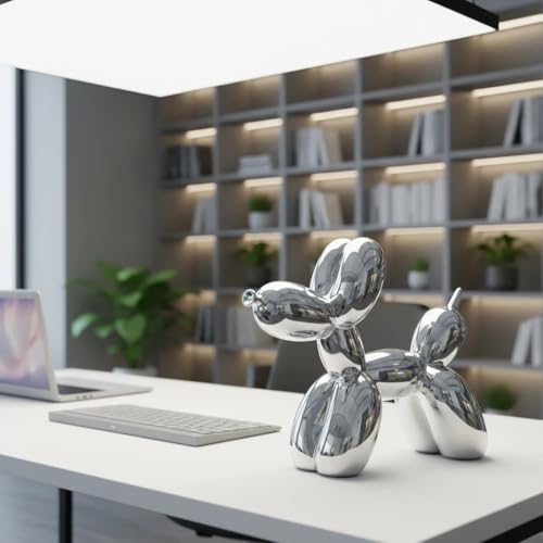 YOYUMI Galvanisiert Ballon Hund Skulptur, Luxus Ornament, Harzstatue für Wohnzimmer Schlafzimmer Bürodekor, Hochglanz Finish Dekorative Statuen, Silber, 18 x 20 x 9 cm