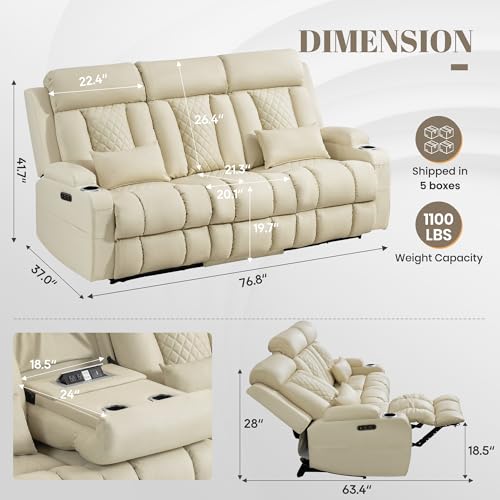 Image of Zero Wall Hugger Power Reclining Sofa with Adjustable Headrest, Electric Reclining Couch with Drop-Down Table,Outlets, Power Loveseat Recliner Sofa for Living Room (PU Beige, 3 Seat)