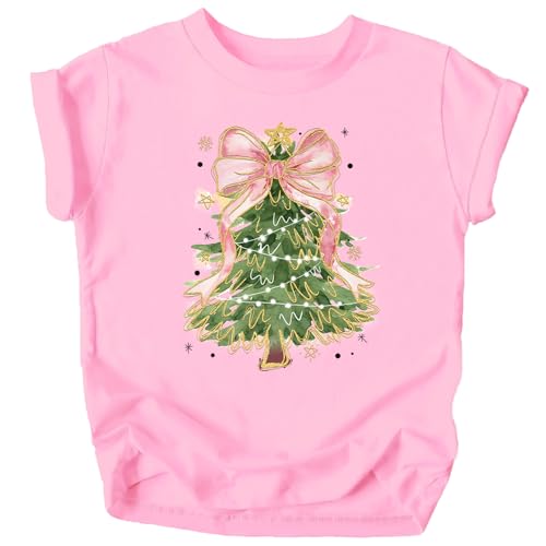 Christmas Tree with Pink Bow Topper Graphic Shirt for Women Teens and Girls Cute Holiday Tee