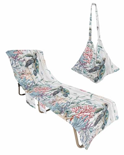 Sea Turtle Beach Lounge Chair Towel Cover, Soft Chaise Lounge Towel with Side Pockets Patio Pool Chairs Cover for Beach/Pool Sunbathing 29x85 Vintage Summer Beach Coastal Coral Ocean Nautical