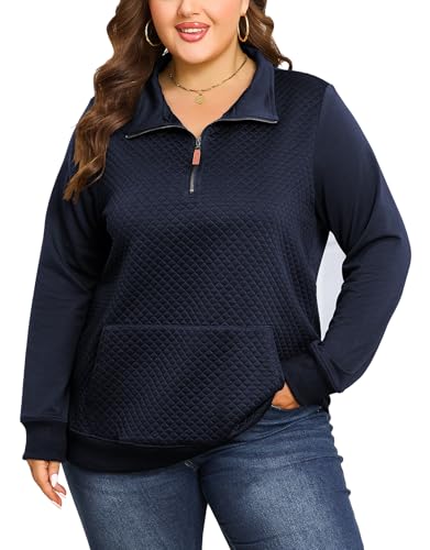 Women's Plus Size Quilted Pattern Lightweight 1/4 Zip Long Sleeve Casual Sweatshirts Pullovers Shirts Tops