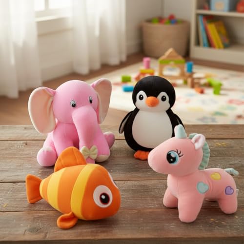 Image of Soft Toys Combo of 4 (Appu Elephant, Fish, Unicorn & Penguin) | Super Soft Plush Stuffed Animals for Kids | Cute Cuddly Toys Gift Set for Babies, Boys & Girls