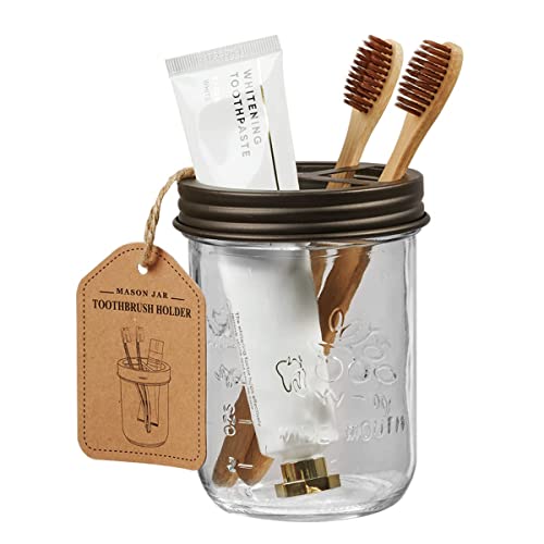 Mason Jar Bathroom Accessories Set(4 Pcs) -Lotion Soap Dispenser & 2 Cotton Swab Holder &Toothbrush Holder-Rustic Farmhouse Decor,Countertop Vanity Organize，Bathroom Home Decor (Bronze) #TOP3