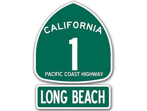 PCH 1 and LONG BEACH Sign Shaped Sticker (highway ca rv beach road historic drive coast california vinyl decal for car window or laptop (3 x 4 inch)