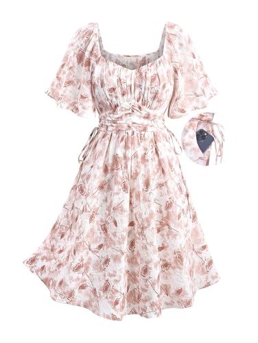 Rosegal Women Plus Size Boho Floral Milkmaid Dress Cinched Ruched Square Neck Flutter Sleeves Cottagecore Dress with Pocket(Pink_1/4X)