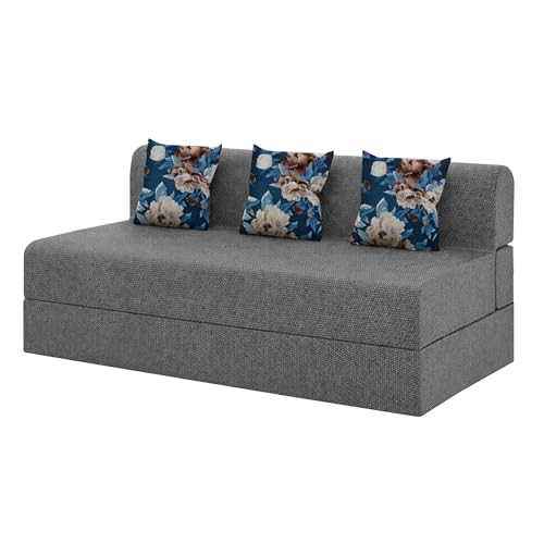 Image of Foldable Three Seater Sofa Bed 5 X 6 Ft Jute Fabric Washable Cover Sofa Cum Bed with Cushions Convertible Sofa Bed for Home (Grey Color - Pre-Assembled)