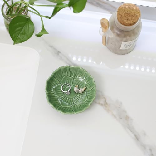 Image of Flower Ring Dish Holder,Jewelry Dish Tray,Small Trinket Tray,Jewelry Plate Bowl,Key Bowl,Decorative Plate,Birtdhay Christmas Gifts for Women Friends,Ceramic Green