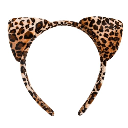Solvio Leopard Print Cat Ears Headband for Women Girls Soft Furry Animal Hairband Cute Cheetah Costume Accessory for Halloween Cosplay Party Face Washing Makeup