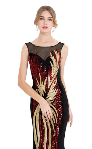 Image of ANGEL FASHIONS Women's Sheer Gold Sequined Black Splicing Evening Dress