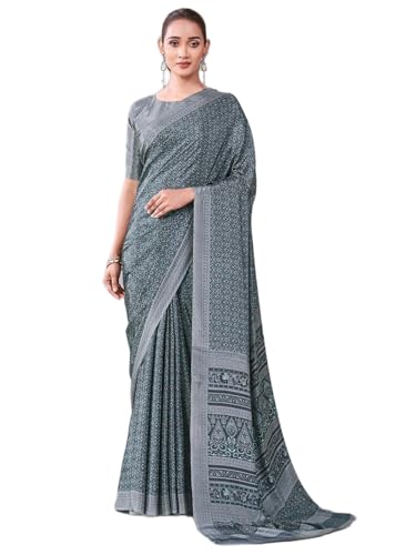Image of Satrani Women's Crepe Printed Saree with Unstitched Blouse Piece