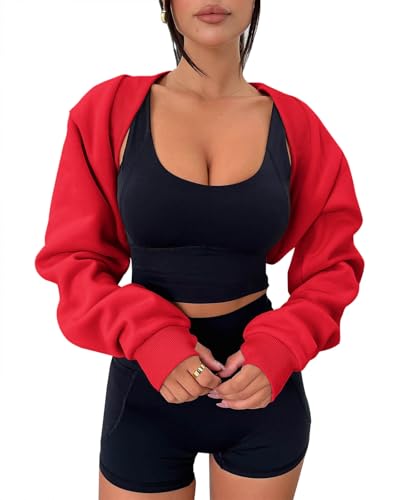 Zwurew Bolero Sweater for Women Red Shrugs for Women Long Sleeve Cropped Cardigan Half Sweaters for Women