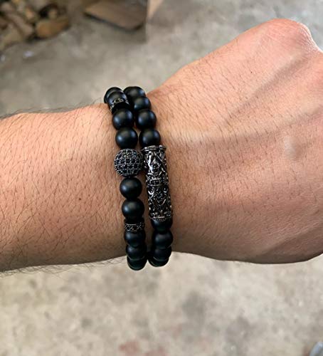 Jewpark 4 Pcs Crown King Bracelets For Men Black Matte Onyx Cool Natural Stone Bracelets Set B #TOP3