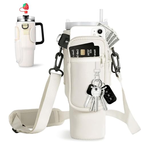 Guyode Funda para Llevar Botella de Agua Colgada, Porta Botellas de Agua con Correa Ajustable, Bolsa para Transportar Botella de Agua, Soporte para Botella de Agua con Teléfono Bolsillo (Blanco)