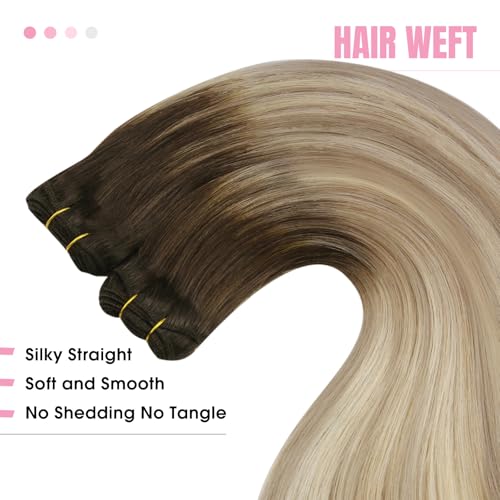 Image of YoungSee Sew in Hair Extensions Ombre Weft Hair Extensions Human Hair, Balayage Dark Brown Ombre Golden Blonde Mix Platinum Blonde, 20 Inch Human Hair Extensions Sew in One Bundle Remy Hair 100G