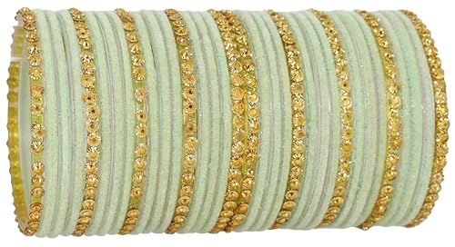 NMII Stylish Glass & Golden Beads Velvet Bangle Set For Women and Girls | Fancy Women's Bangles | Traditional Chudi Set, (F133_Guddan-(3)-Pista-2.6 Inches)