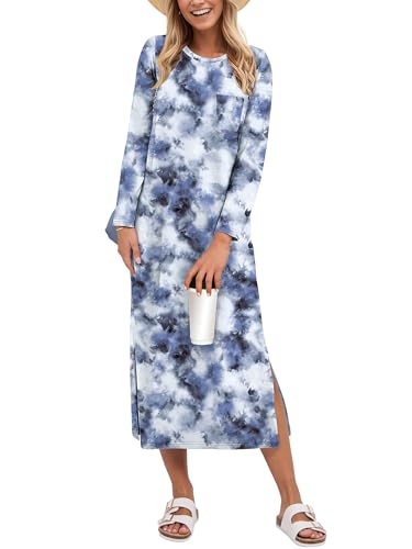 Image of ANRABESS Womens 3 /4 Sleeve Midi T Shirt Fall Dresses | Striped Solid Floral,Long Sleeve Slit Crew Neck &Chest Pocket,2026 Fall Outfits,Casual Travel Vacation Clothes,Summer Spring