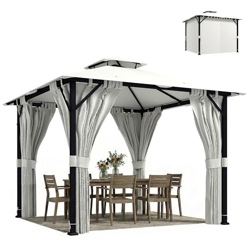 Outsunny Tonnelle de Jardin Extérieur 3x3m Pavillon de Jardin, Structure Robuste en Métal, Toit Double, Barnum avec Rideaux, Crochets de Plafond, Anti-UV...