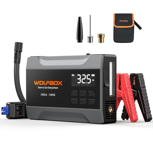 WOLFBOX 2000A Car Battery Booster Jump Starter with 150PSI Air Compressor, 12V Car Jump Starter for 5L Gas Engines, 10000mAh Portable Tire Inflator with LED Display, Emergency Light, Jumper