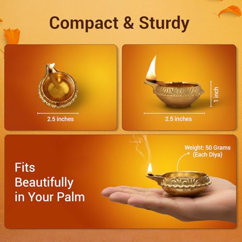 Image of SATVIK 20 Pc Indian Pooja Kuber Diya for Diwali Decoration. Handmade Oil Lamp with Golden Engraved Made of Brass Metal. Vilakku for Puja Pooja. Traditional Indian Deepawali Housewarming Gift Items
