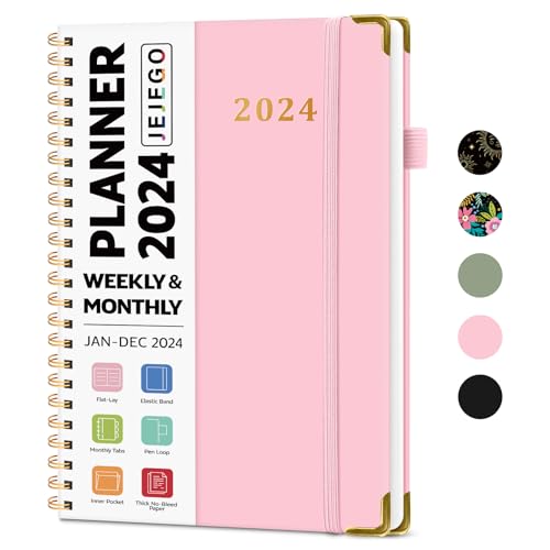 2024 Planner, Weekly and Monthly Calendar Planner with Spiral Bound, January - December Planner 2024 , Includes Monthly Tabs, Metal Corner Protector, and Notes Pages, Perfect for Daily Organization (8.5" × 6.2", Pink)