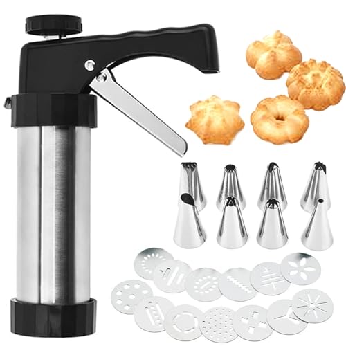 Jaoucue Edelstahl Gebäckpresse mit 8 Tüllen und 13 Schablonen - Profi Spritzgebäck Presse Gebäckspritze Kekspresse für Kekse Kuchen Plätzchen