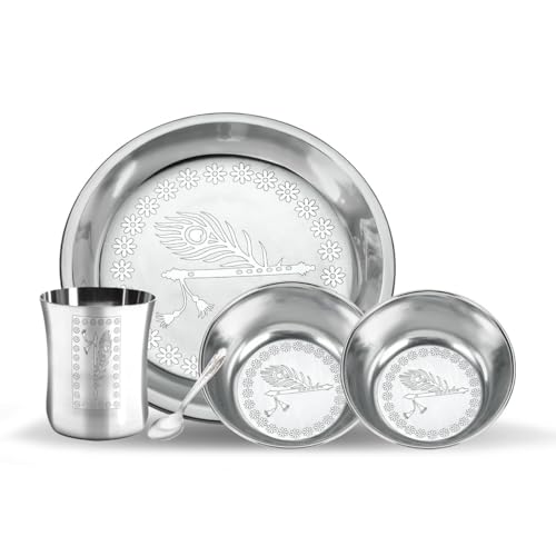 Image of Stainless Steel Laddu Gopal Bhog Thali Set of 5 - for Pooja | Hindu Puja Prasad Plate | Durable Silver Finish | Ideal for Home Temple & Festive Use | Krishna Flute & Peacock Design