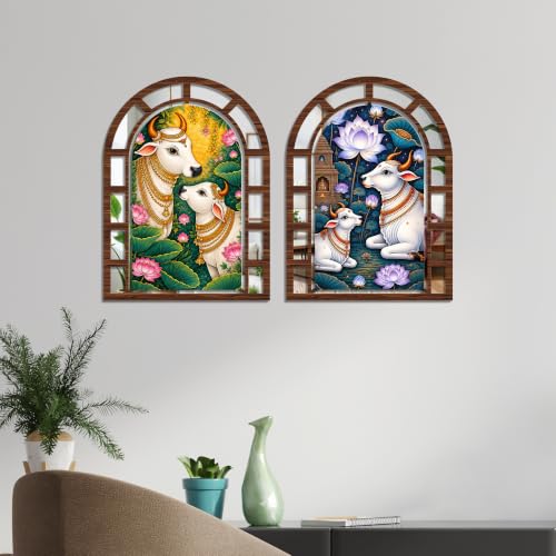Image of Artvibes Traditional Kamdhenu Cow Decorative Home Accent | Jharokha Mirror Wall Decor for Living Room, Hall, Bedroom, Pooja Room & Dining Area | Gift for Spiritual Person (WHJ 12039N), Set of 2