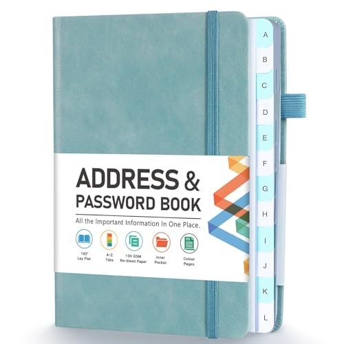Address Book Address and Password Keeper Book with Alphabetical Tabs Hardcover Telephone Book Address Organizer Record with Pocket Colored Pages 5.3 x 7.7 Blue