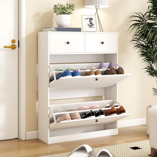 YOURLITE Meuble à Chaussures 12 Paires,Armoire à Chaussures Étroite à 2 Abattants 2 Tiroir,Séparateur Réglable,Meuble de Rangement Moderne,Grande...