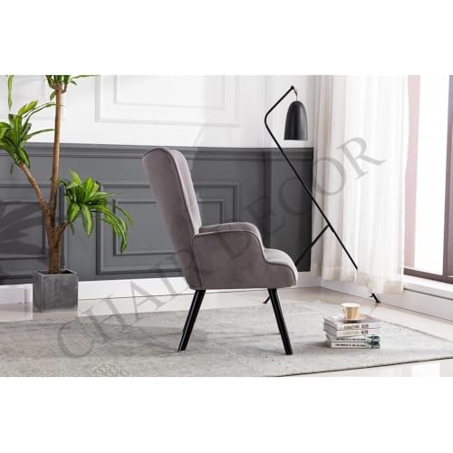 Image of Velvet Wingback Accent Chair for Living Room | Luxury High Back Tufted Armchair with Glossy Metal Legs | Modern Velvet Upholstered Lounge Chair for Home & Office | 1 Pc (Grey)