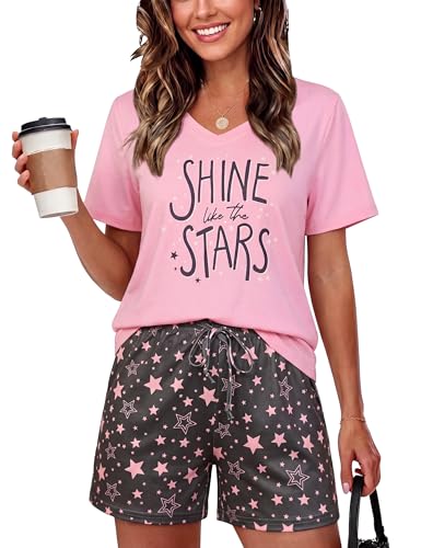 Bresdk Pjs for Women Sets Short Sleeve Pyjama Set Summer Comfortable Loungewear Nightwear V-Neck Sleepwear Pink M