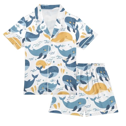 ALAZA Blue Yellow Whale Pajamas Satin Pajama Set Short Sleeve Button Down Sleepwear